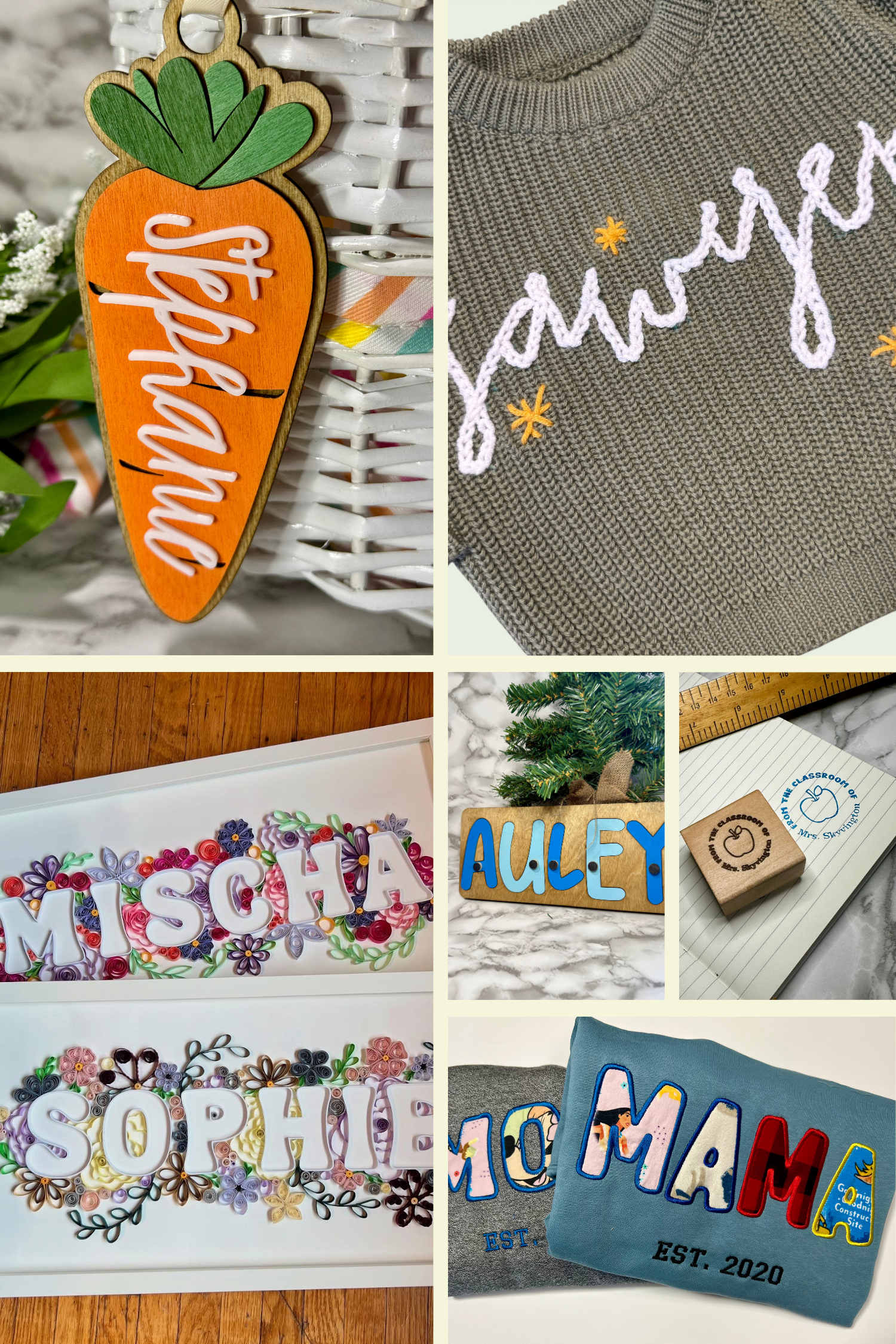 Collection of personalized gifts including a carrot-shaped wooden sign reading 'happy', a sweatshirt with embroidered 'happy', two decorative signs with the names 'MISCHA' and 'SOPHIE' surrounded by flowers, a name sign 'AULEY' on a tree branch, a notebook with a stamp of a child's outline, and two embroidered shirts with the name 'MOMAM' and 'MOM'.
