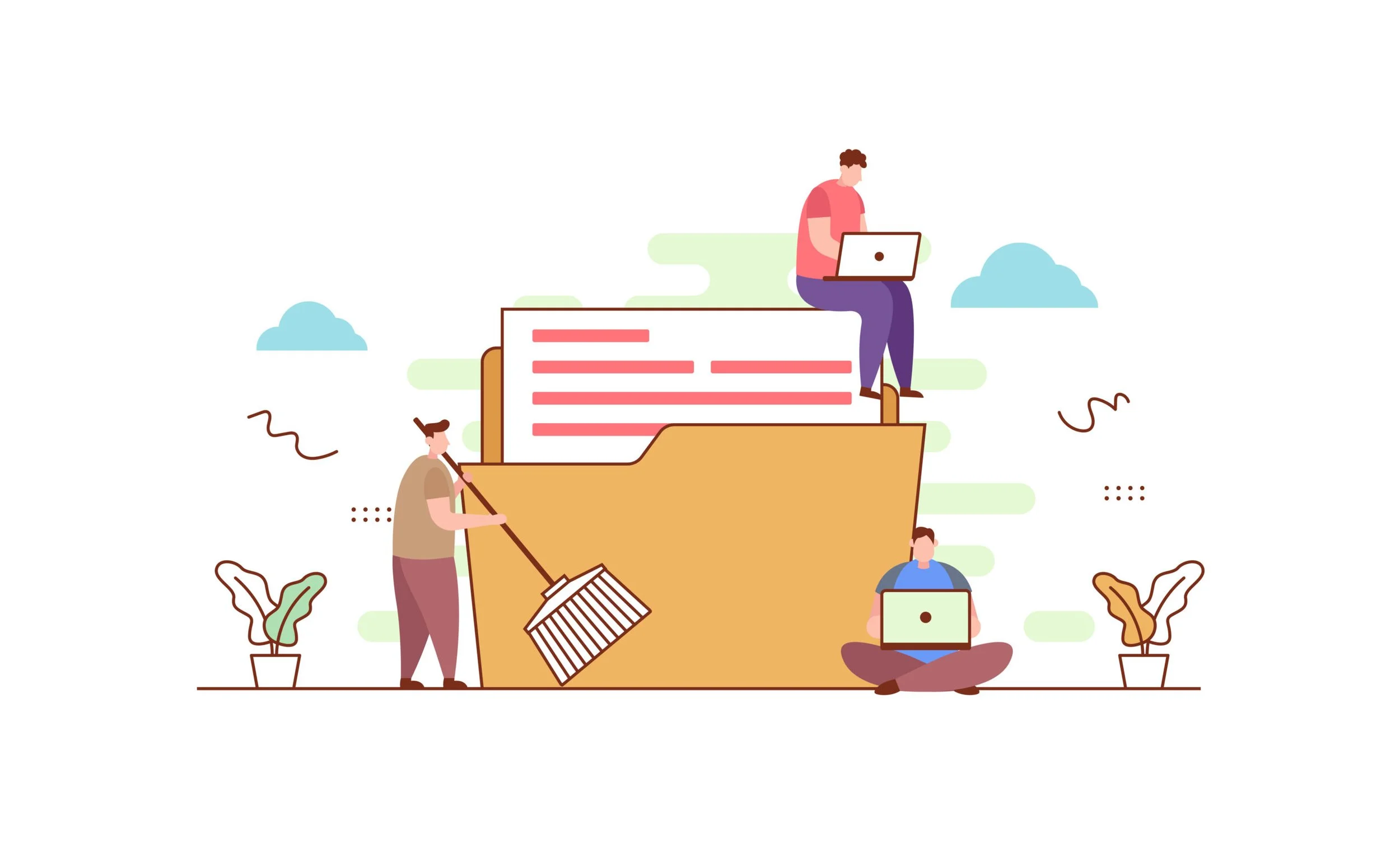 Illustration of three people working with a large folder and laptops surrounded by plants and clouds.