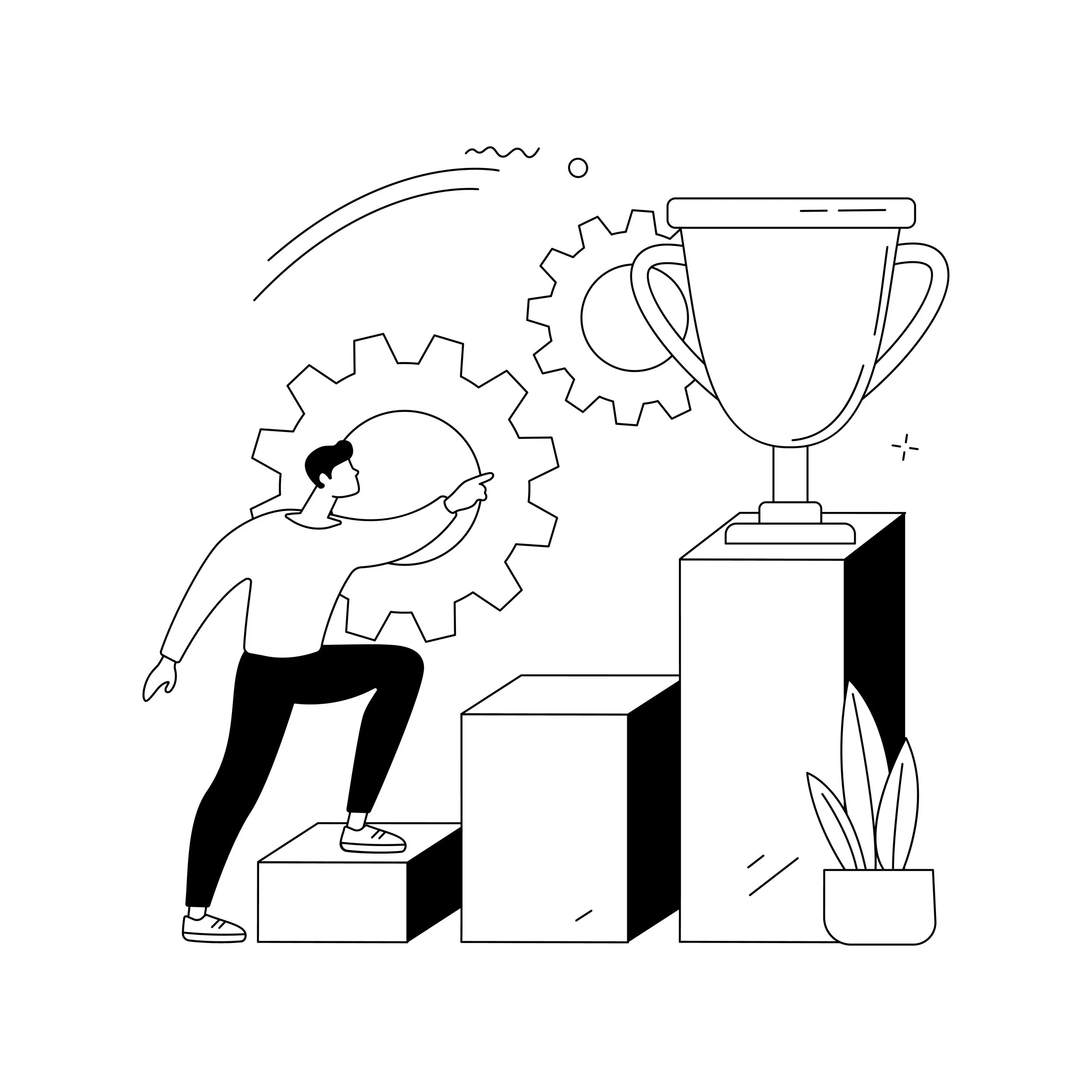 Black and white illustration of a person climbing stairs, reaching towards gears, with a large trophy on a pedestal, symbolizing achievement and success.
