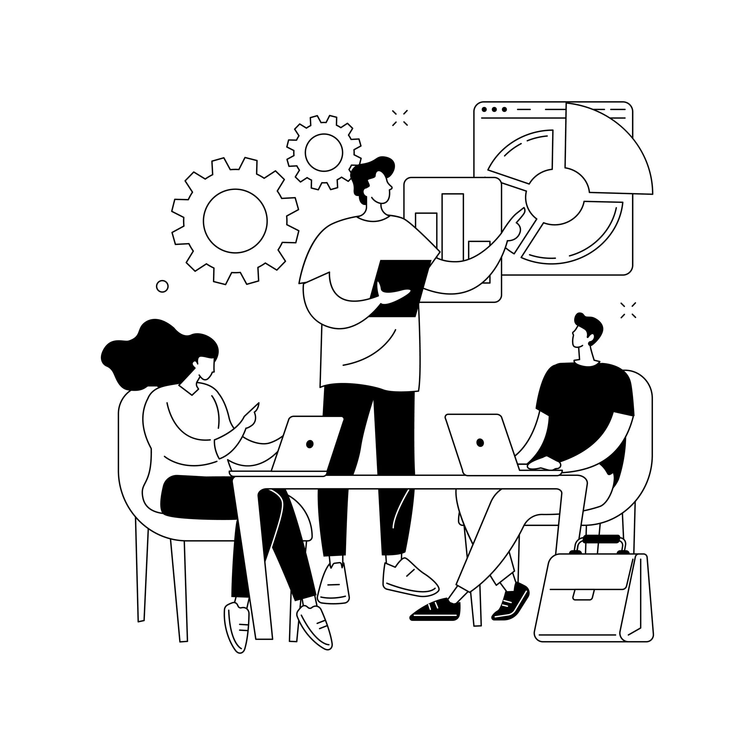 Black and white illustration of a team meeting with three people, one standing and presenting data on charts and graphs displayed on a wall, while the other two sit at a table with laptops.