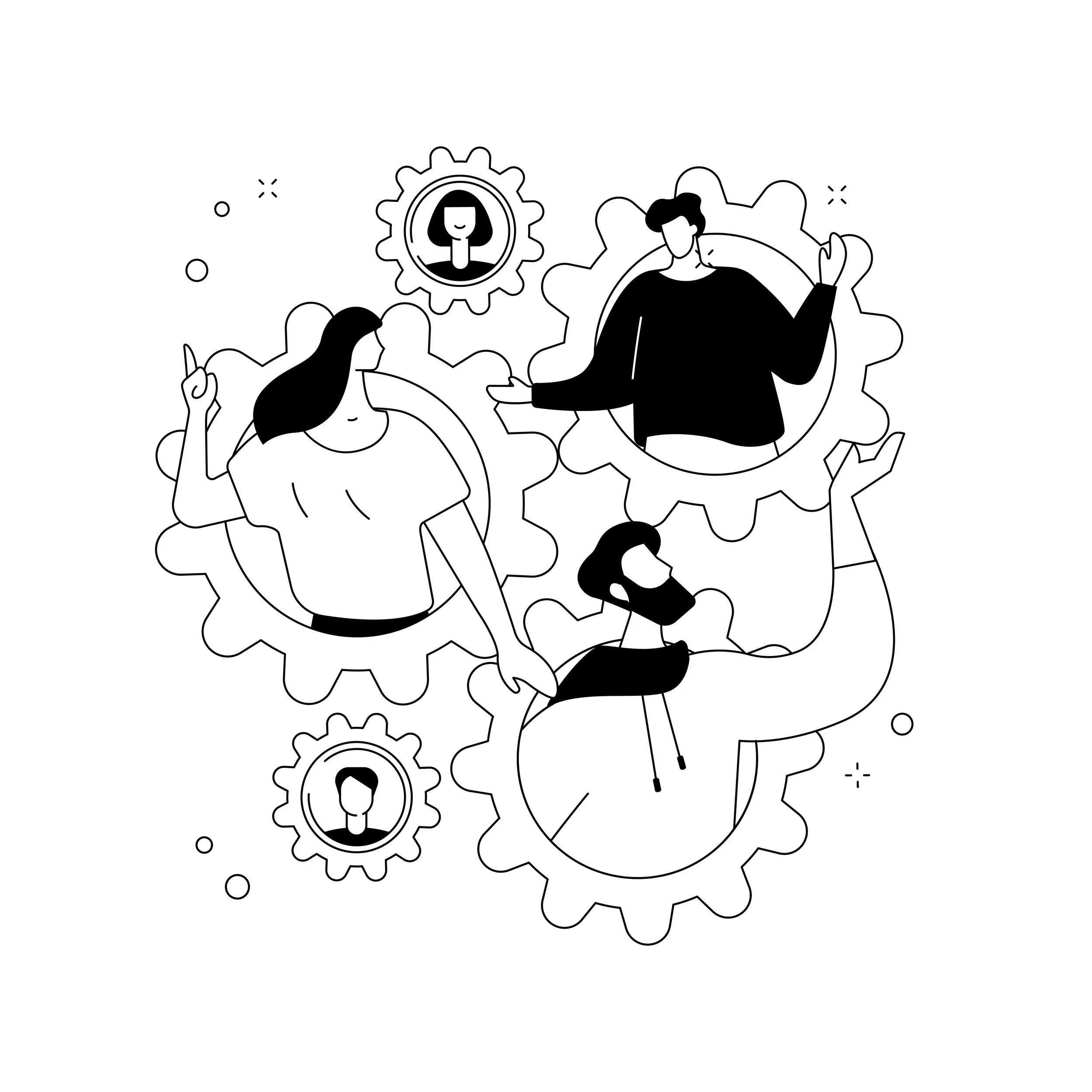 Illustration of three people connecting with gear icons, symbolizing teamwork and collaboration.