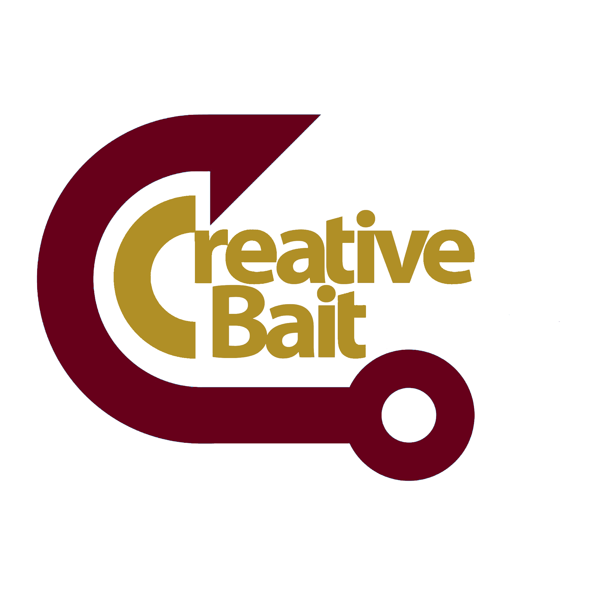 Logo for Creative Bait featuring a stylized fish hook and the words 'Creative Bait' in brown and gold lettering.