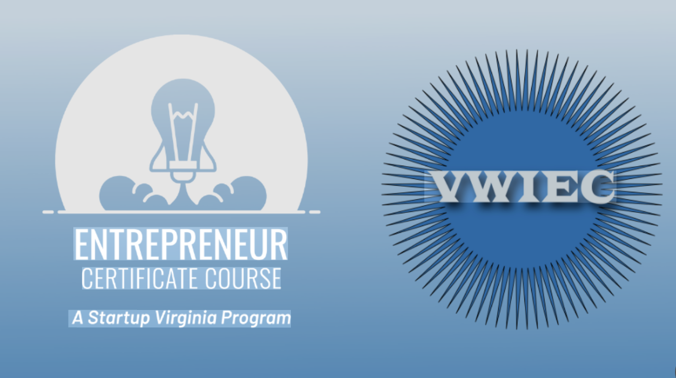 Graphic for an Entrepreneur Certificate Course by Startup Virginia with the logo WYEC, featuring a light bulb icon and blue background.