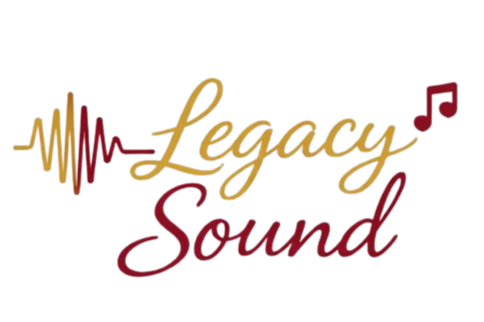 Neon sign with colorful sound waves and musical notes, reading 'Legacy Sound'.