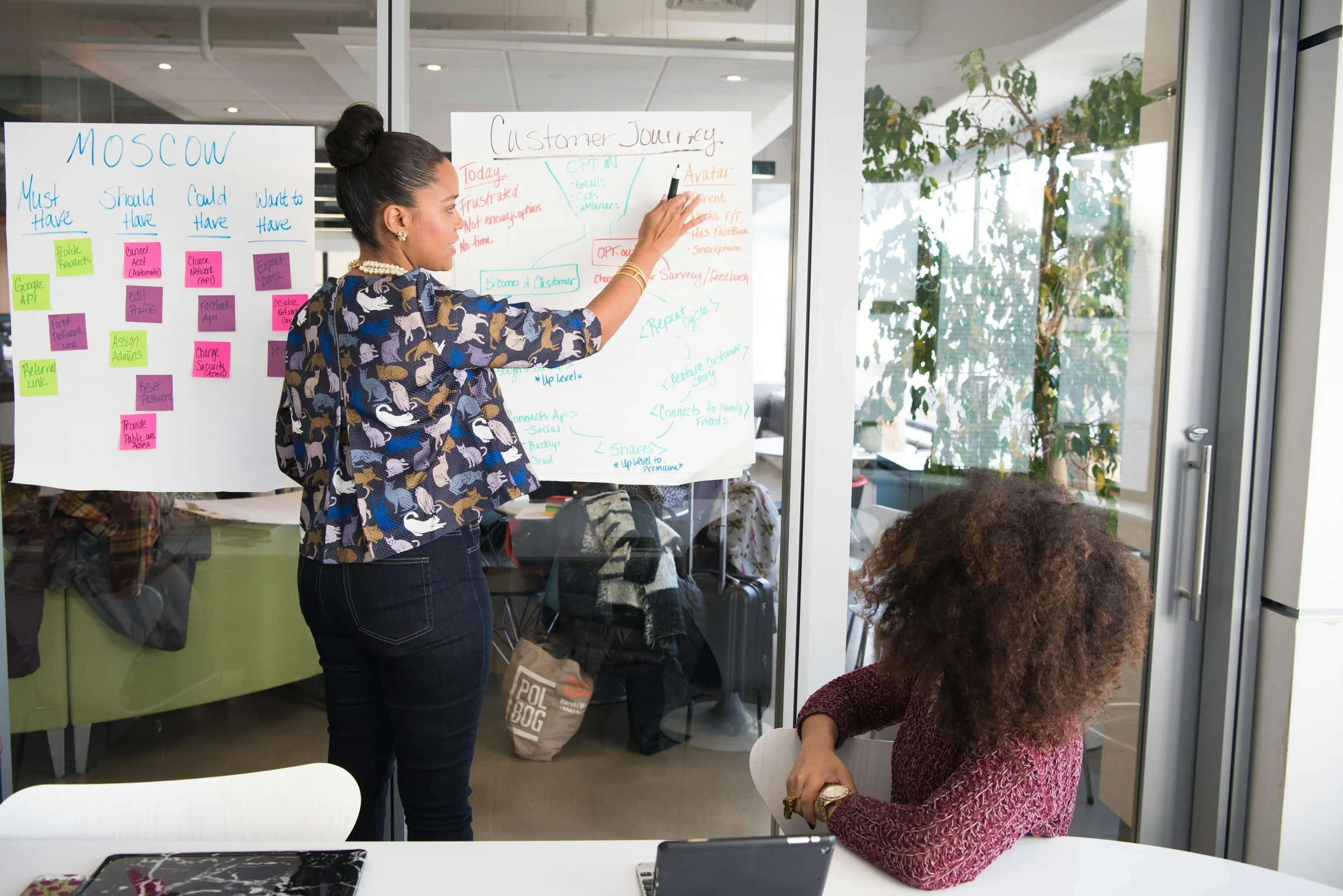 Two women in a modern office engaged in a discussion. One woman is standing and writing on a large whiteboard with various notes and diagrams, while the other woman is sitting, observing. The room has glass walls, plants, and several office items.