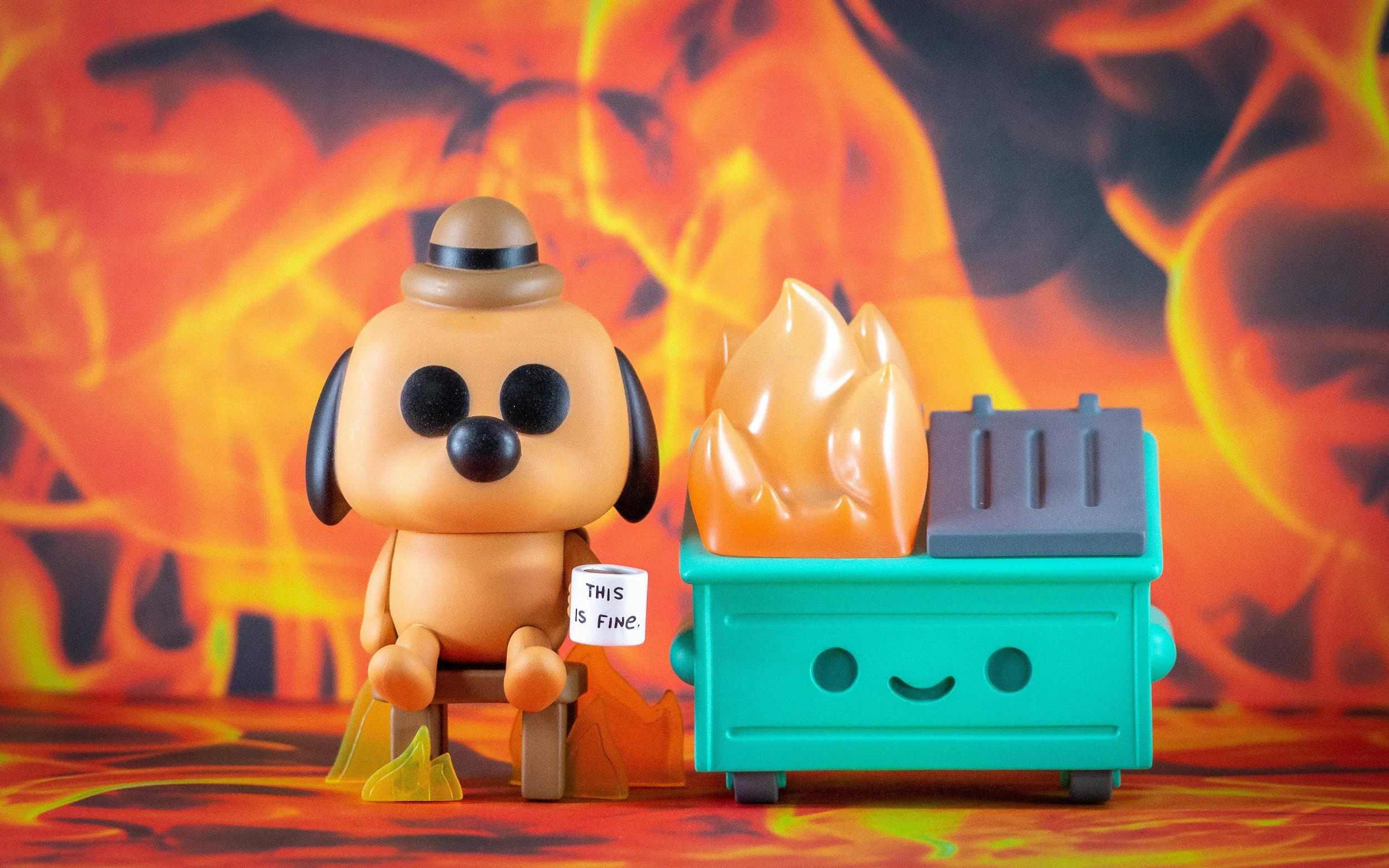 Meme del perro sentado tranquilo mientras todo arde a su alrededor, con una taza que dice "this is fine" — representando cómo se siente vivir con el duelo cotidiano