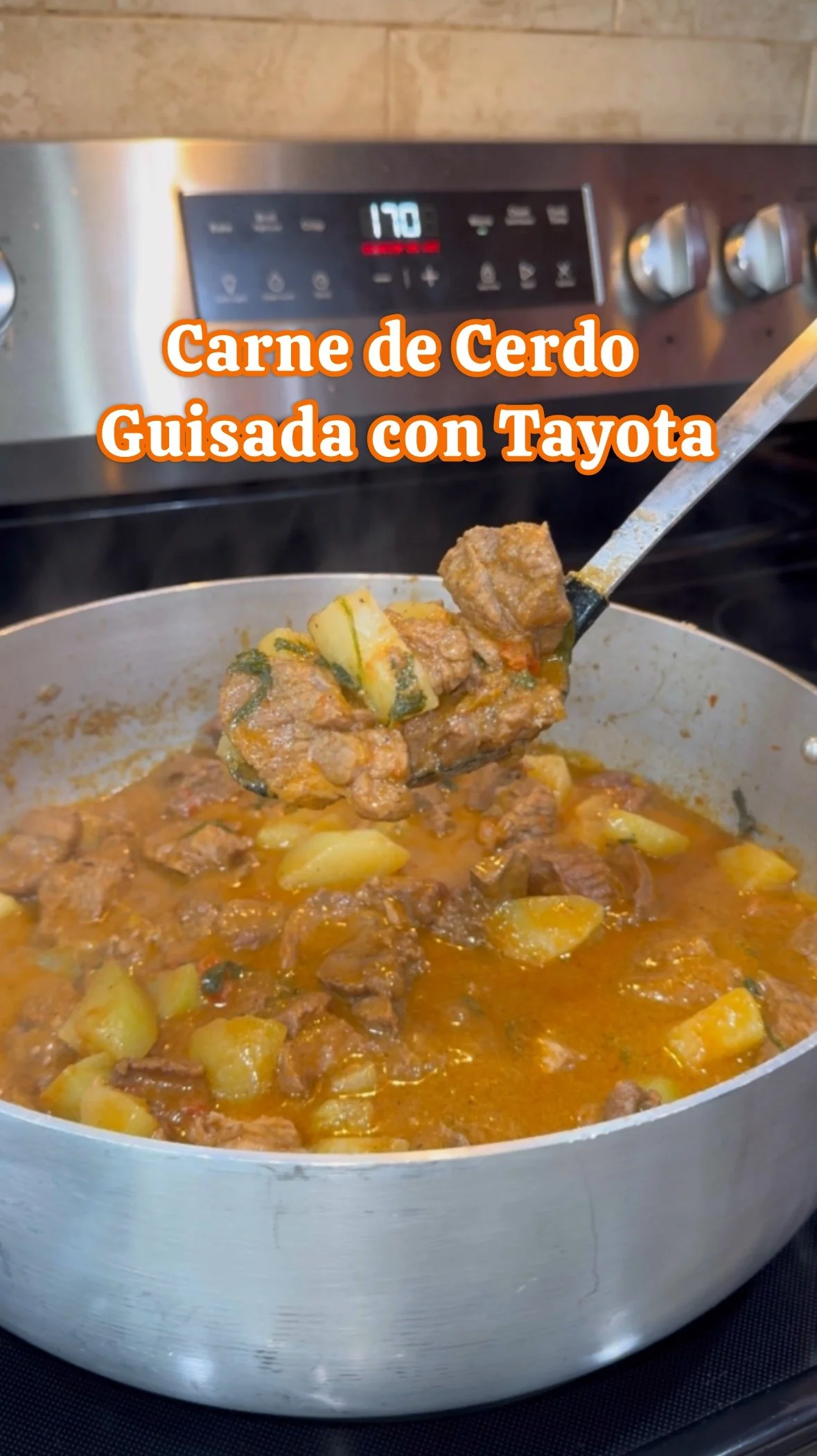 A pot of stew containing pork, potatoes, and vegetables cooking on a stove. Text overlay in Spanish reads 'Carne de Cerdo Guisada con Tayota'.