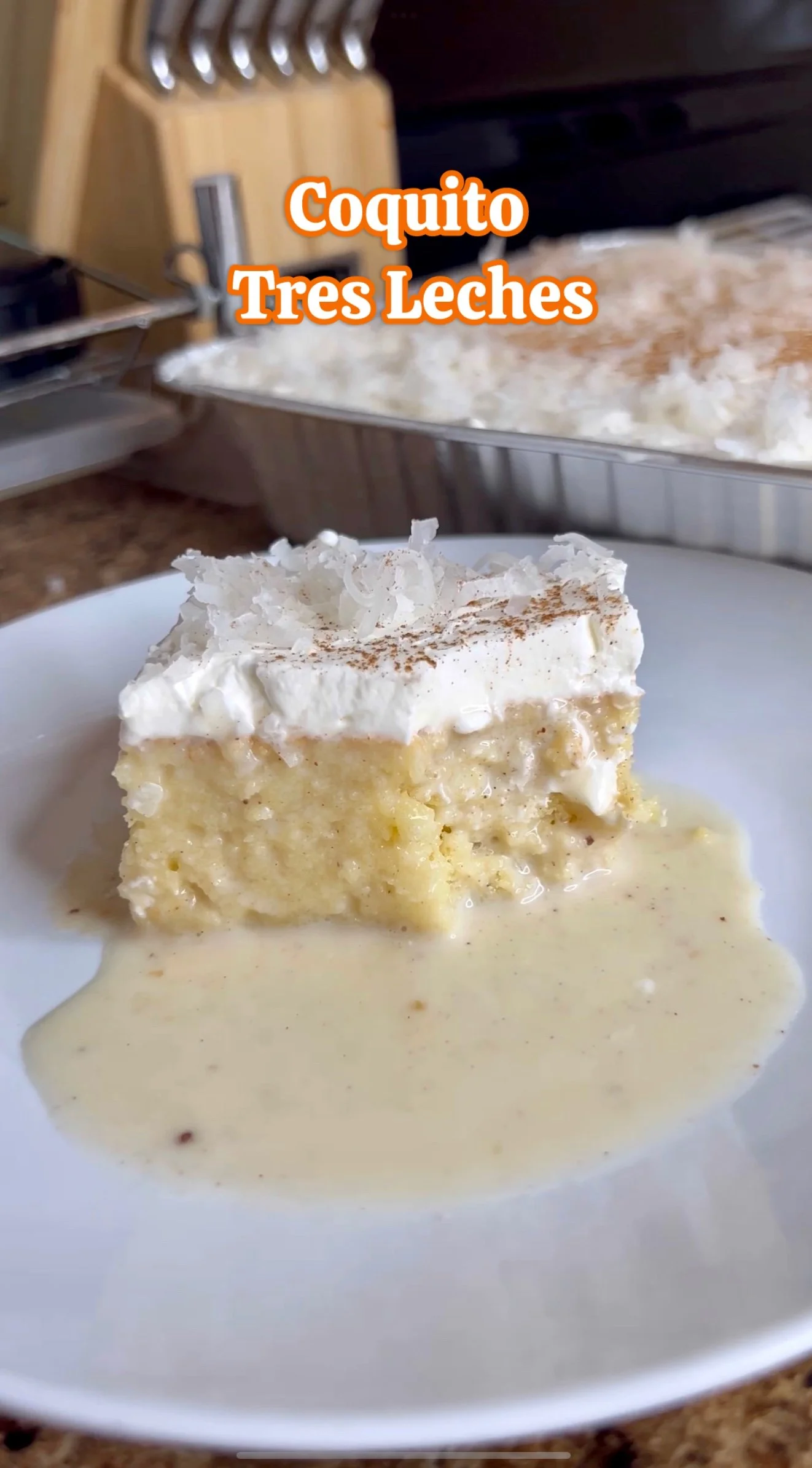 A slice of tres leches cake with whipped cream, shredded coconut, and cinnamon on top, served with a drizzle of milk-based sauce on a white plate.