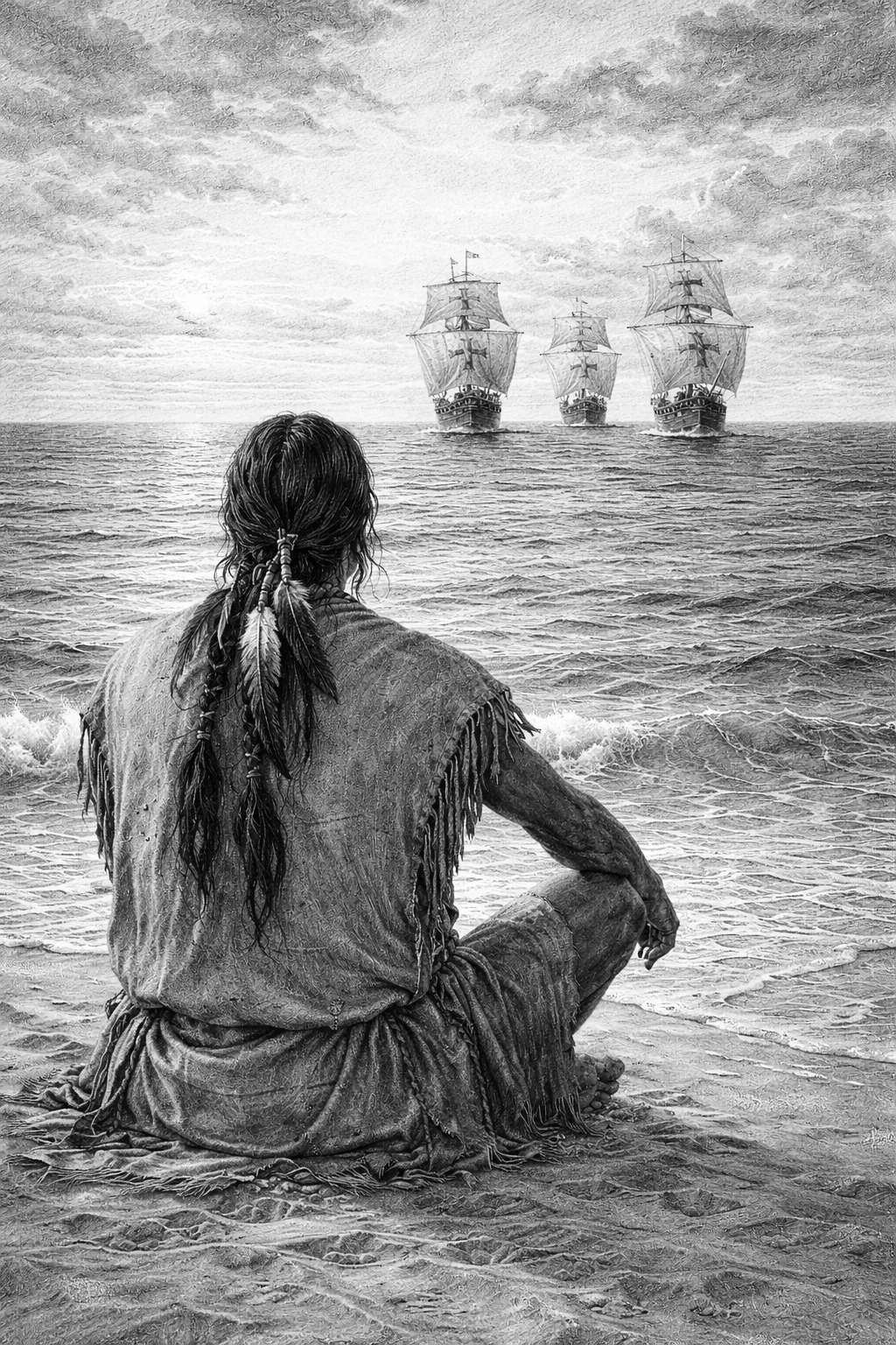 A Native American man sitting by the beach, watching three sailing ships on the horizon.