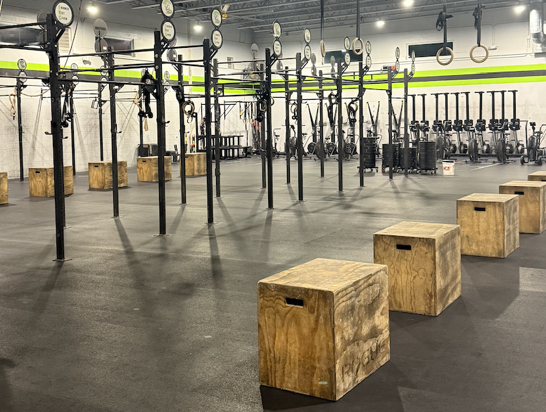 Empty gym with black metal rigs, gymnastic rings, wooden boxes for step-ups, and rowing machines in the background.