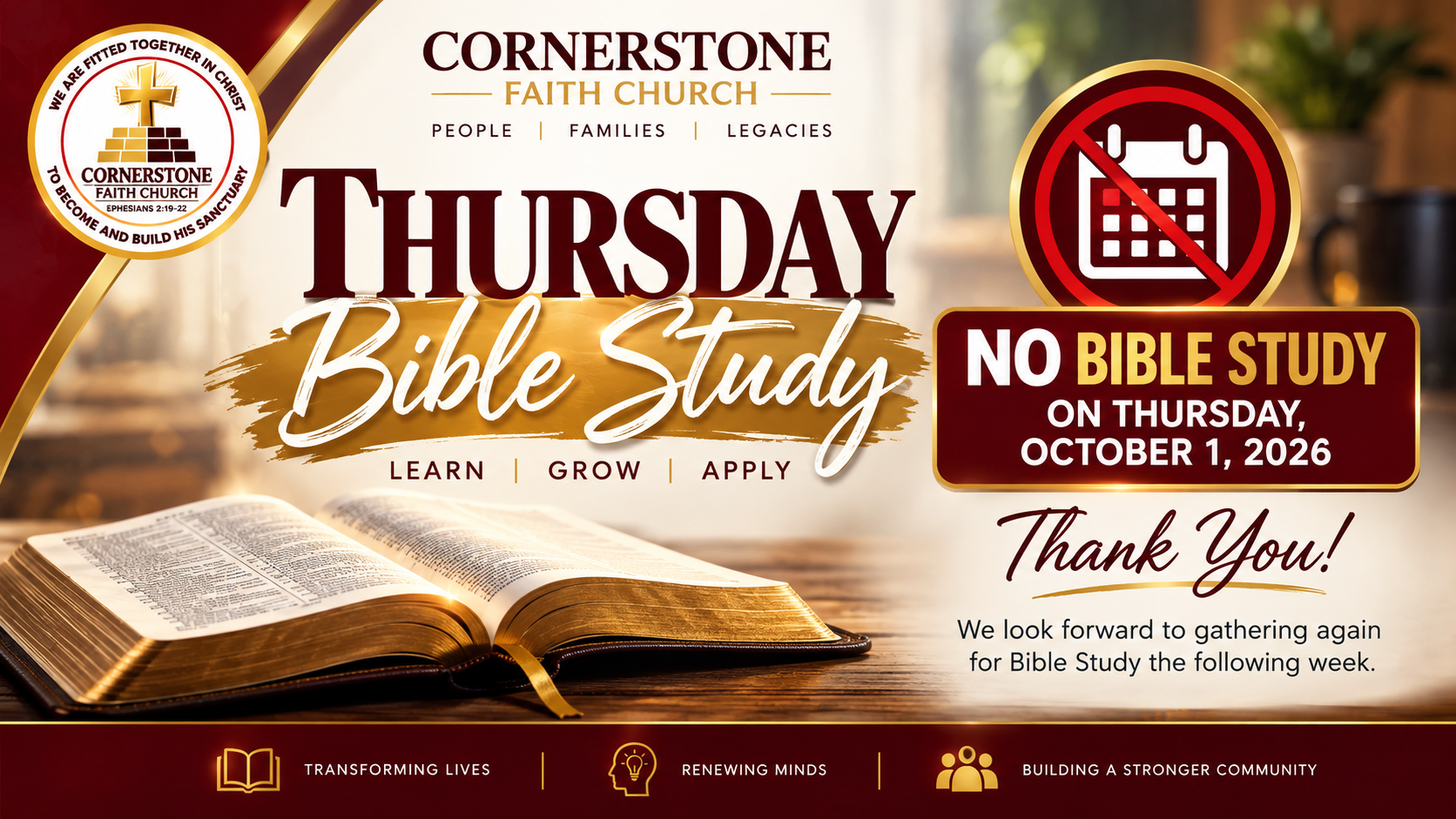 NO Thursday Night Bible Study