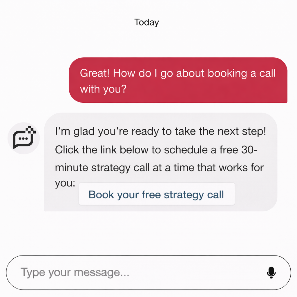 Screenshot of a messaging app conversation about booking a call, with a message and a link to schedule a free strategy call.