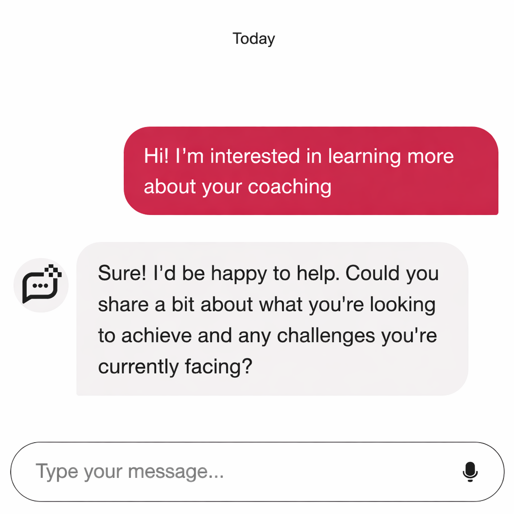 A screenshot of a messaging app conversation discussing interest in learning about coaching, with a message saying 'Hi! I'm interested in learning more about your coaching' and a response offering help and asking about goals and challenges.