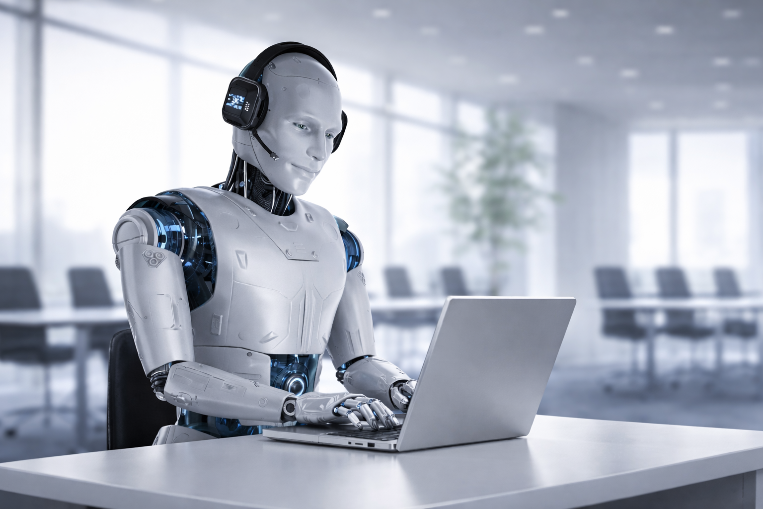 A humanoid robot working on a laptop in a modern office.