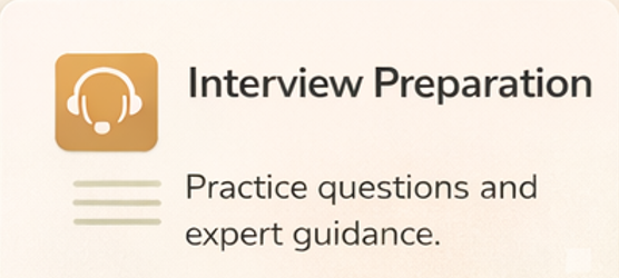 An app screen titled 'Interview Preparation,' with a headphone icon, offering practice questions and expert guidance.