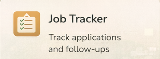 Screenshot of a job tracker app with icon of a clipboard and checkmarks, showing options to track applications and follow-ups.