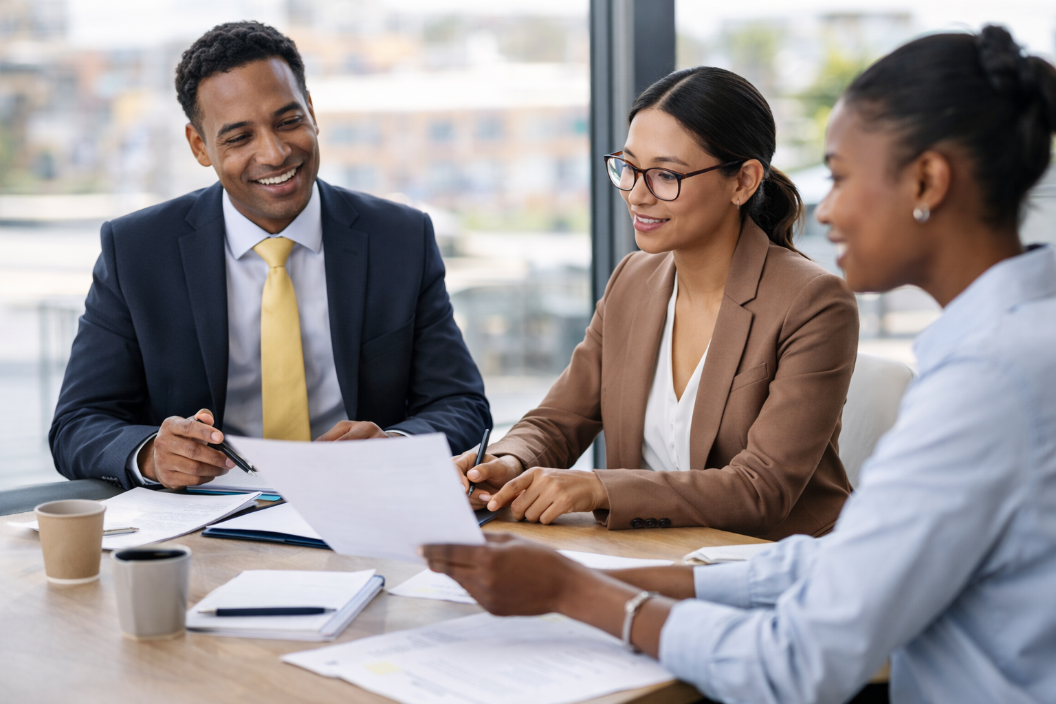 Three professionals having a meeting at a conference table, smiling, with paperwork and coffee cups, in an office with large windows.