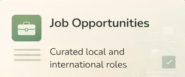 Screen showing a section titled 'Job Opportunities' with a brief description about curated local and international roles.