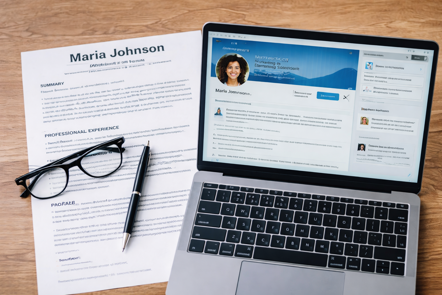 A laptop showing a social media profile of Maria Johnson, a resume on paper, glasses, a pen, and a wooden table.