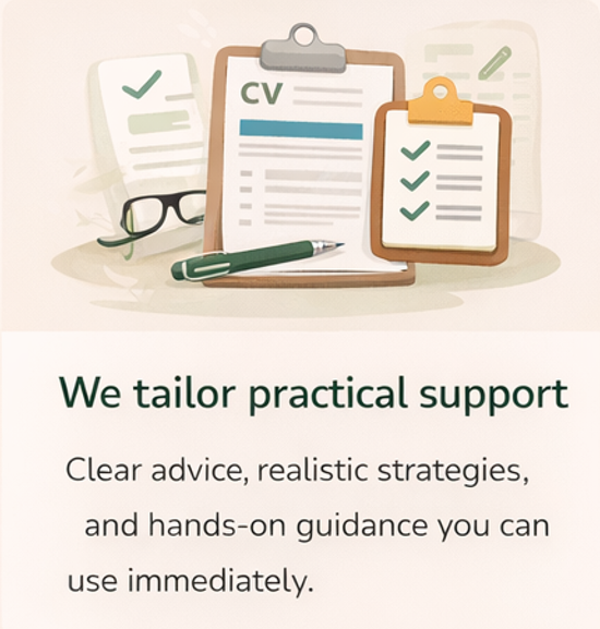 An illustration of CV and checklist documents on clipboards, with a pen and glasses, accompanied by the text "We tailor practical support" and a description about providing clear advice and hands-on guidance.