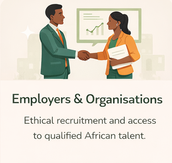 Illustration of a man and woman shaking hands in a professional setting, with a presentation chart showing growth in the background, representing employers and organizations promoting ethical recruitment of qualified African talent.