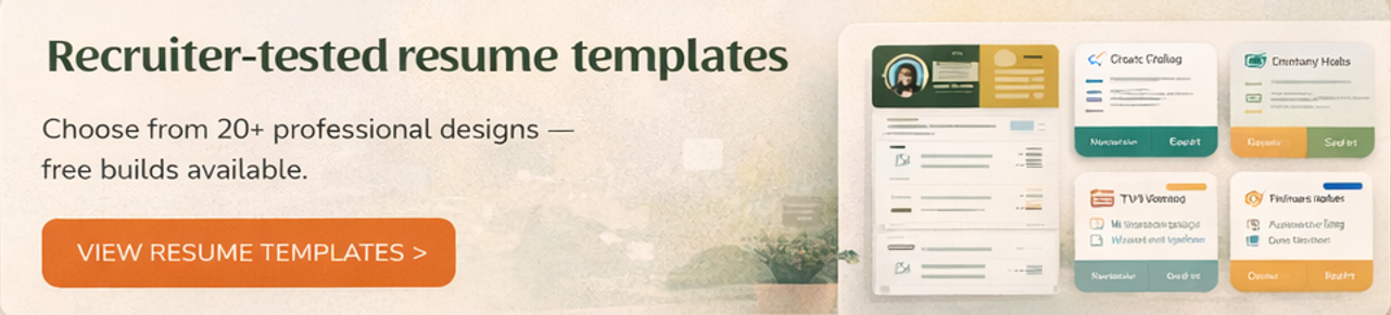 Banner advertisement for recruiter-tested resume templates with over 20 professional designs and free builds. Includes an orange button labeled 'View Resume Templates' and images of various resume templates on the right.