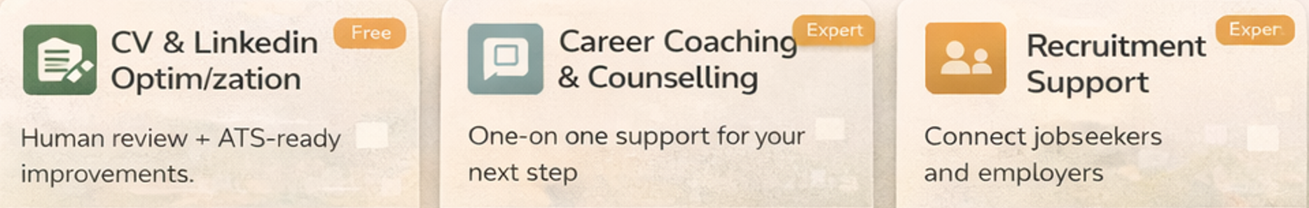 Three sections advertising career services: CV & LinkedIn optimization, Career Coaching & Counseling, and Recruitment Support, with labels 'Free' and 'Expert'.