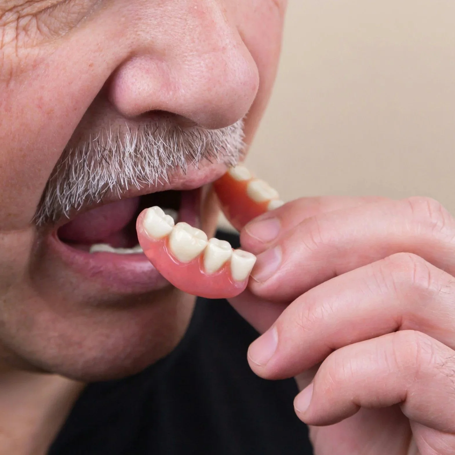 A close-up of a man with gray facial hair inserting a denture into his mouth.