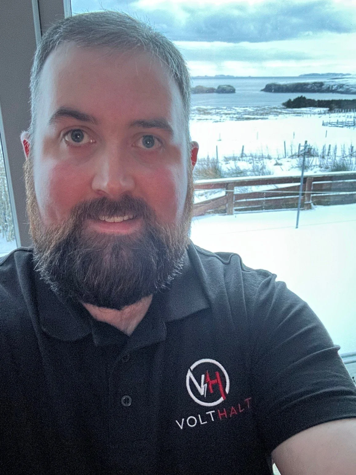 A man with a beard and mustache taking a selfie indoors with a snowy landscape visible through the window behind him. He is wearing a black polo shirt with a logo that reads 'VOLTHALT'.