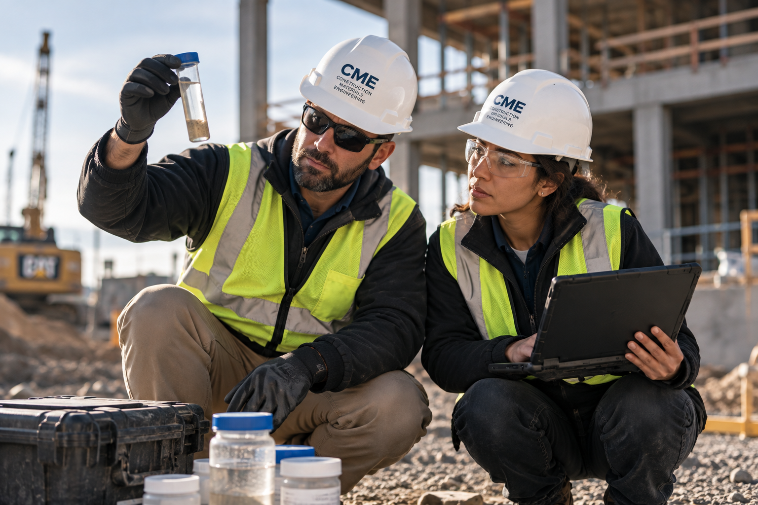 Construction materials professionals evaluating a field sample at an active construction site.