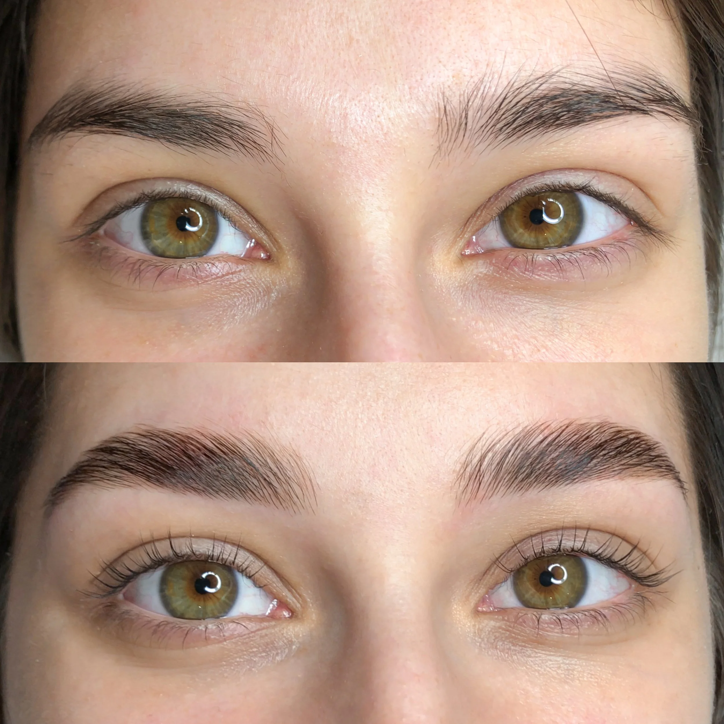 Close-up of a person's eyes before and after eyebrow grooming, with natural brown eyebrows and hazel eyes.