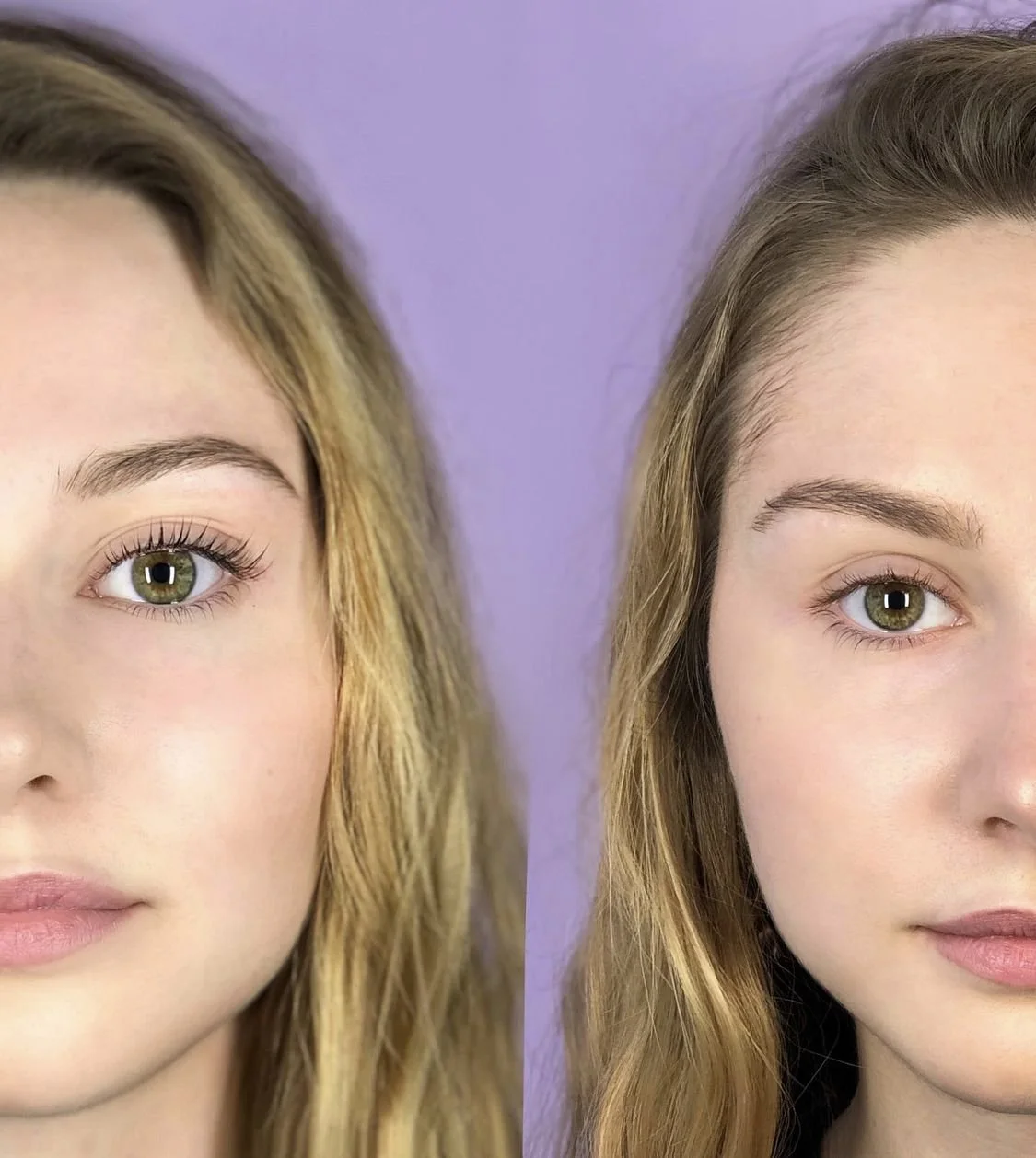 Close-up of two young women with light skin and green eyes, side by side against a purple background, showing only half of their faces.