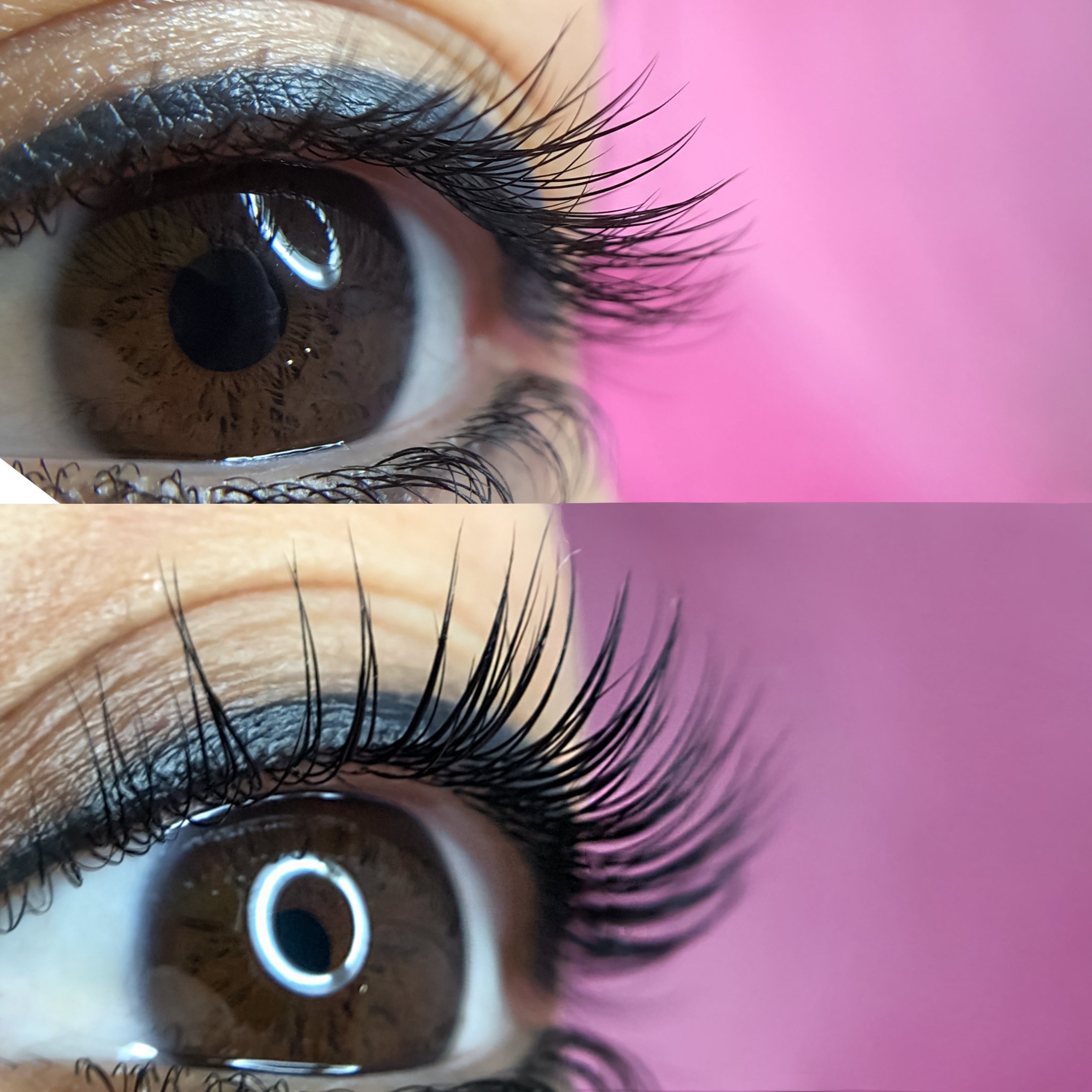 Close-up of a brown eye with long eyelashes, pink background, showing a comparison of eyelashes before and after eyelash extension application.