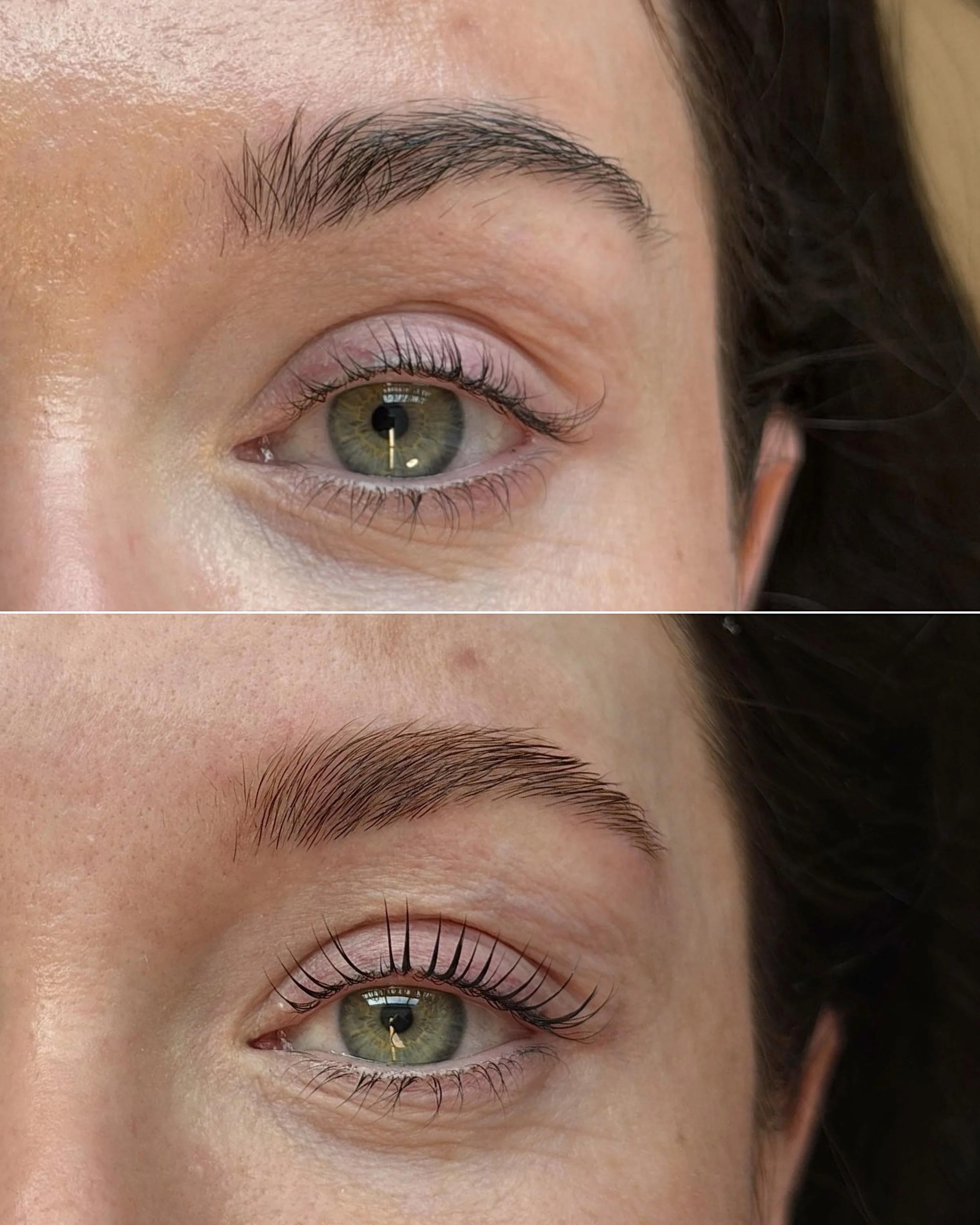 Close-up of a woman's eye with long eyelashes and well-shaped eyebrows after the brow lightening treatment