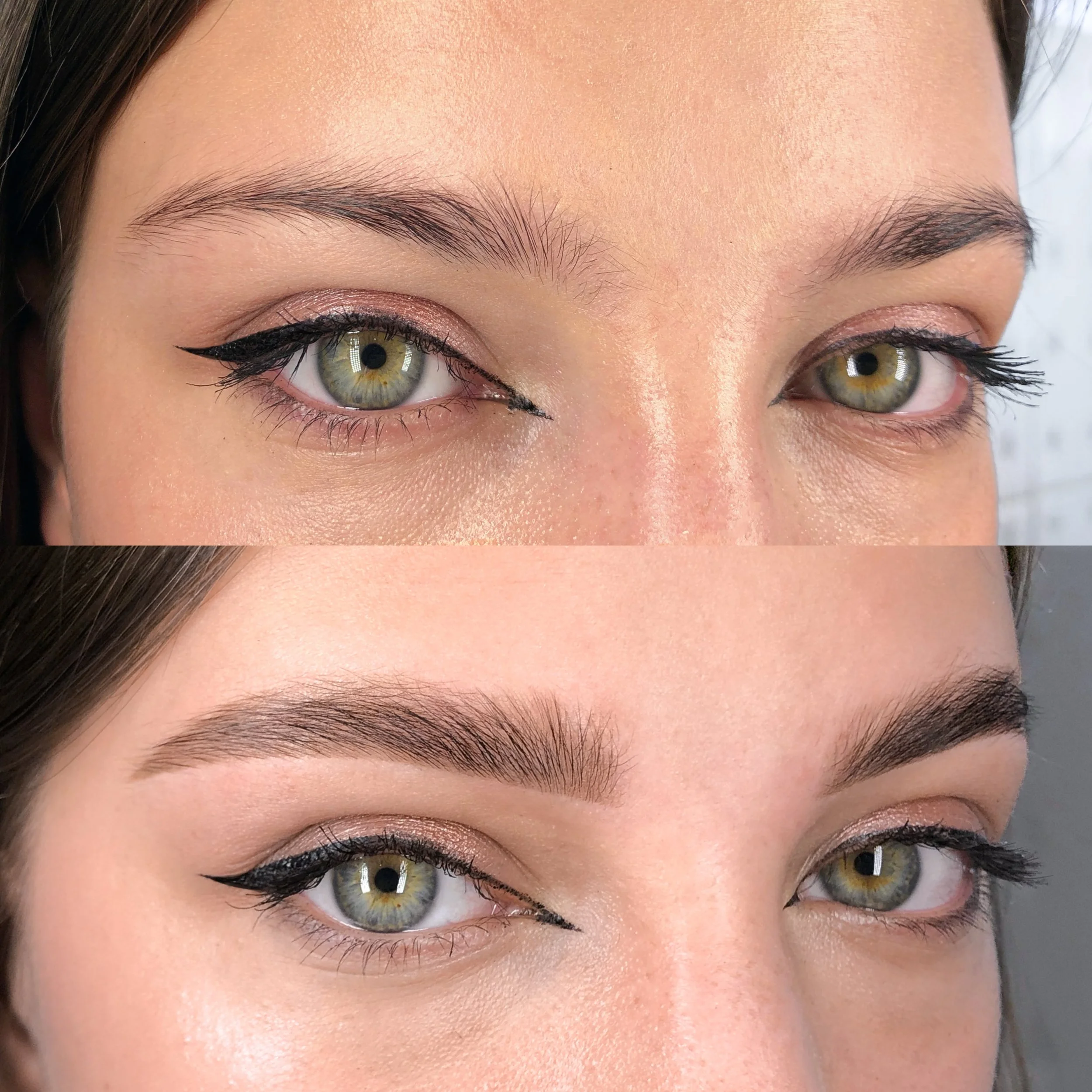 Close-up of a woman's eyes with makeup, showing before and after eyebrow grooming, both with black eyeliner and neutral eyeshadow.