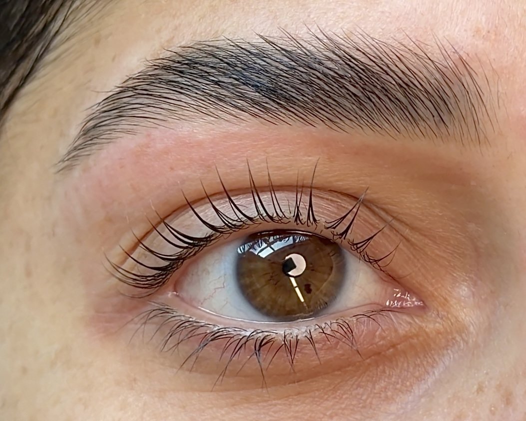 Close-up of a person's brown eye with visible eyelashes and eyebrow.
