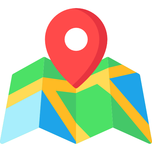 Map icon with a red location pin marker on top.