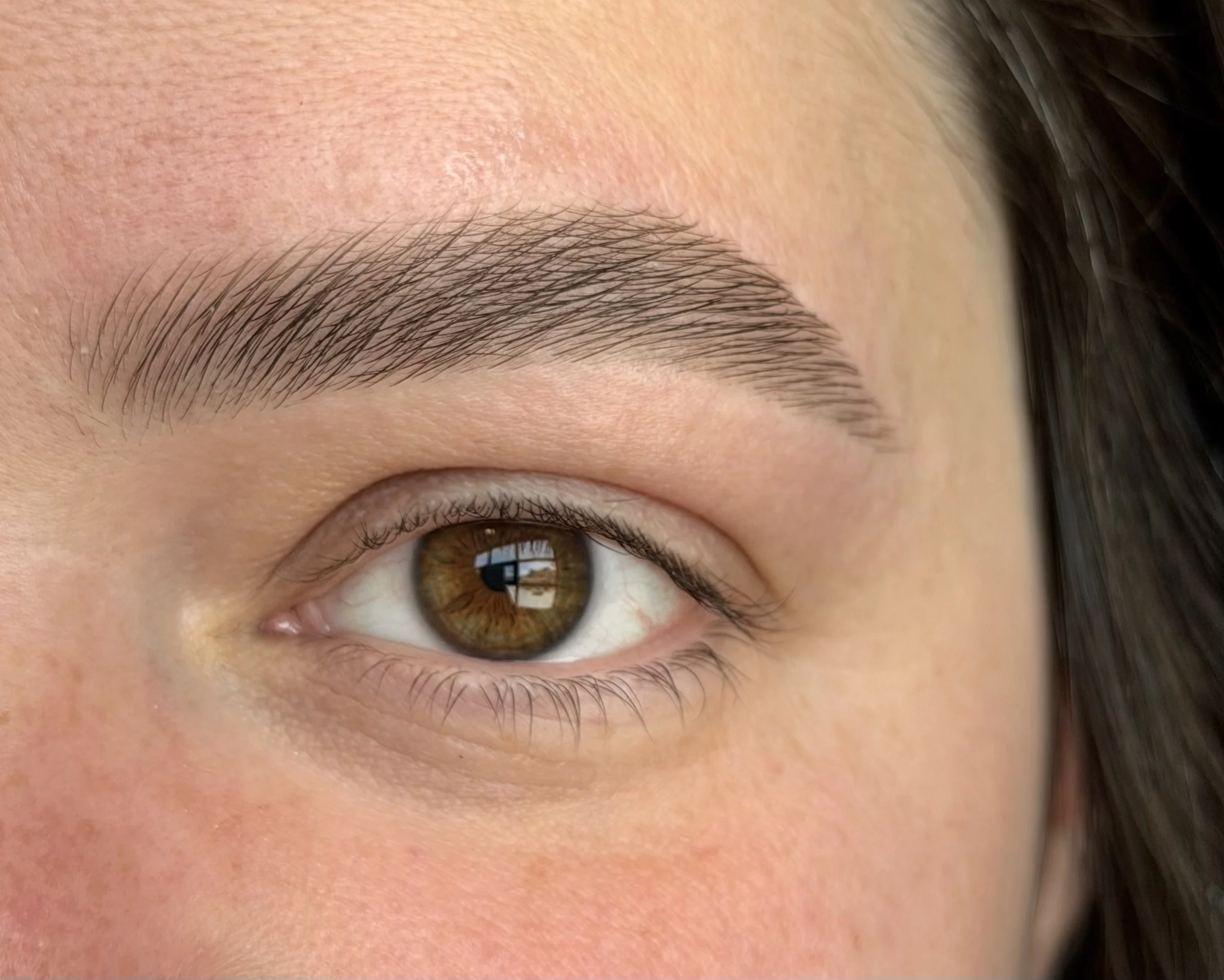 Close-up of a person's eye, showing brown iris, eyebrow, and part of forehead with dark hair.