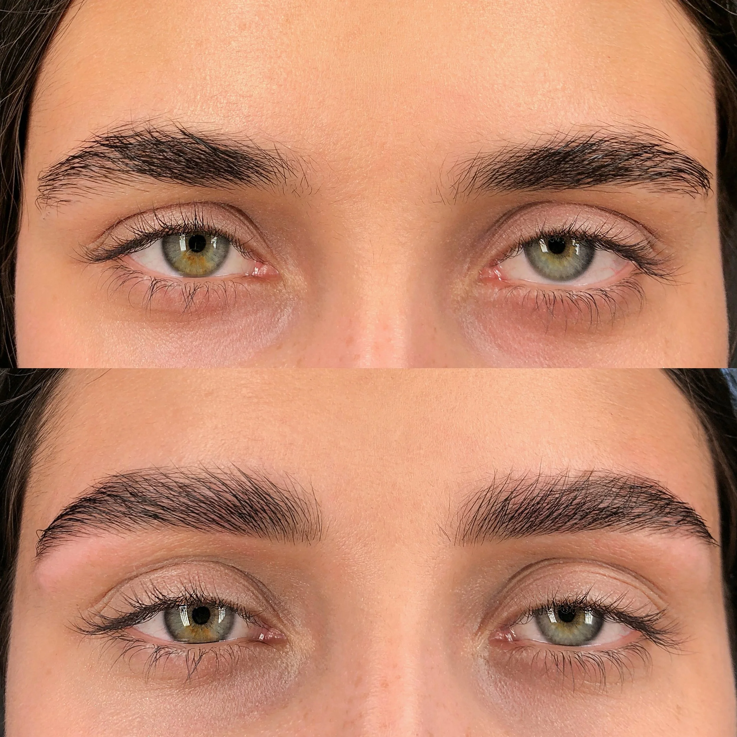 Comparison of two sets of eyes showing natural eyebrows in the top image and filled-in, shaped eyebrows in the bottom image.