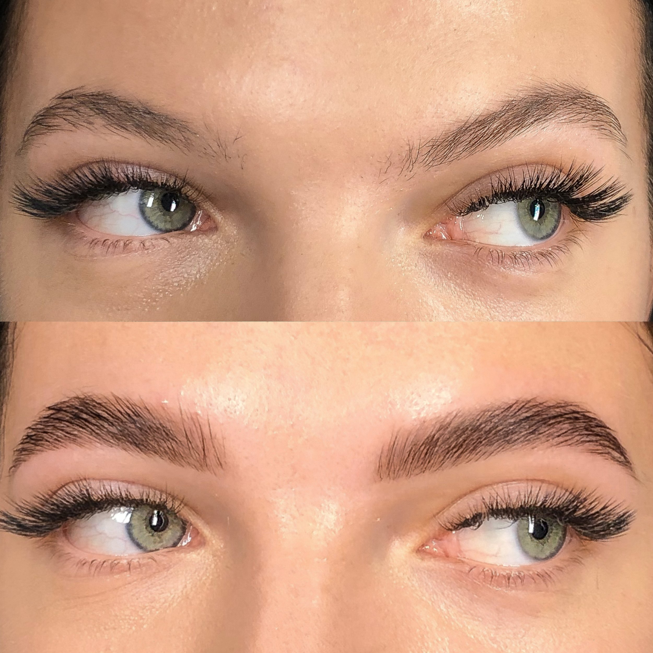 Close-up of a person's eyes showing before and after makeup application, including eyelash extensions, eyeliner, and eye shadow.