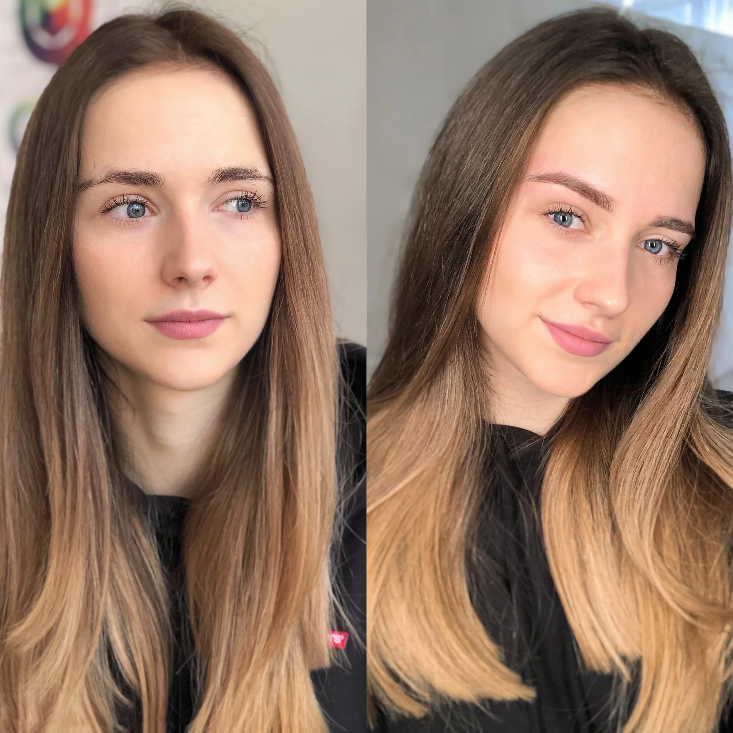 Side-by-side portraits of a young woman with long, straight, light brown hair and blue eyes, showing before and after makeup or styling. In the first image, she has a natural look with minimal makeup. In the second, she has slightly more makeup and a confident expression.