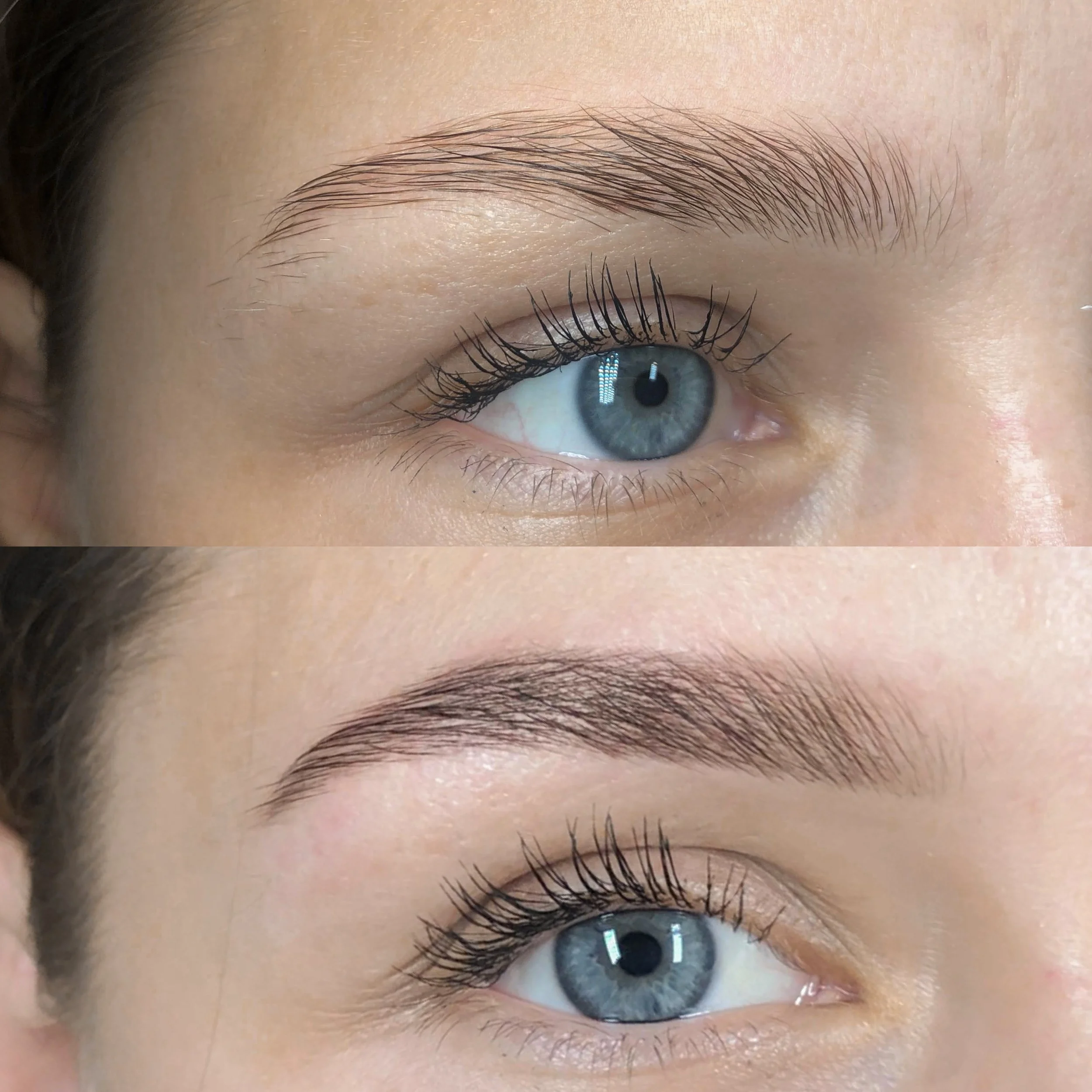Close-up of a person's eye showing before and after eyebrow shaping, with the top image displaying natural eyebrows and the bottom image showing well-groomed, shaped eyebrows.