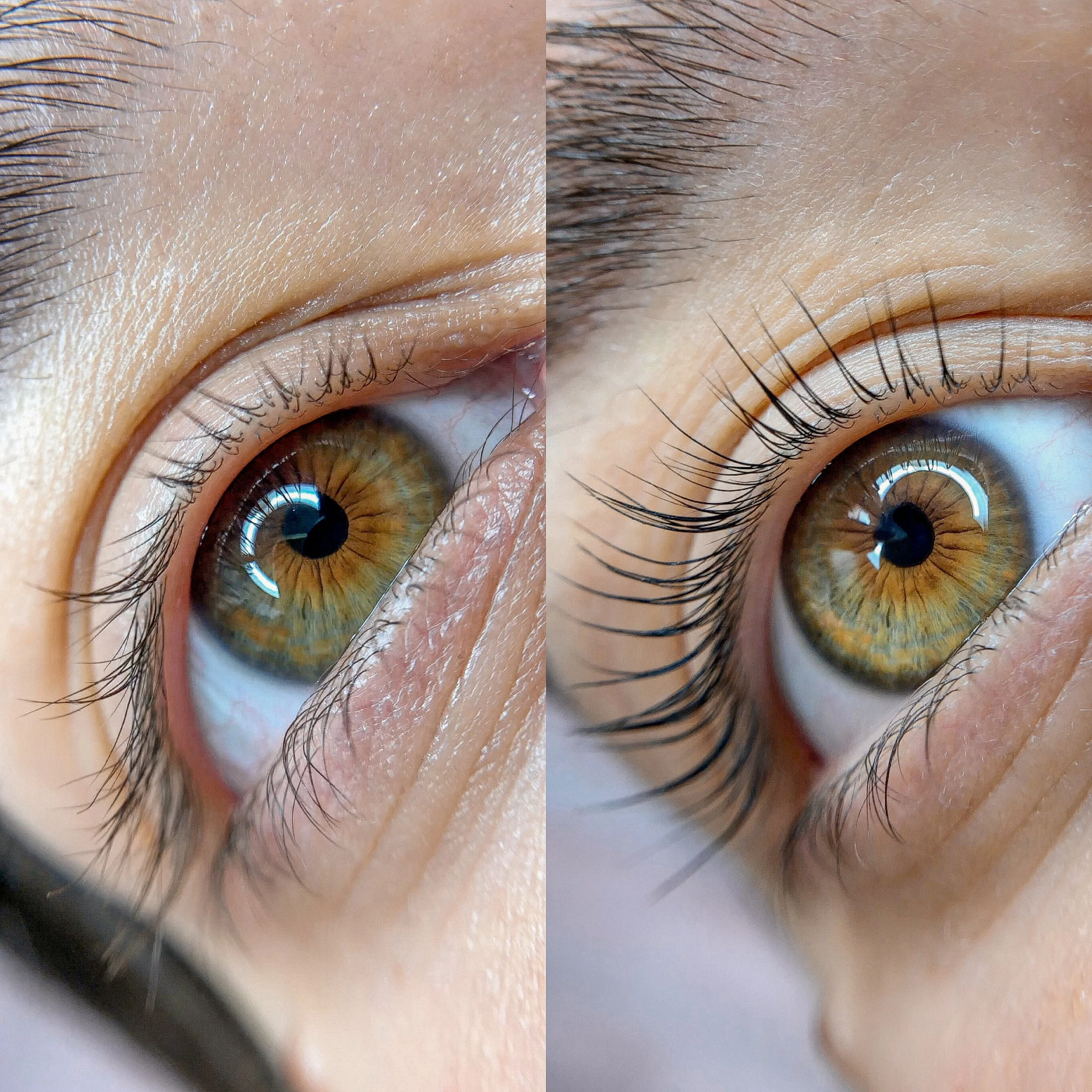 Close-up of a person's eyes showing before and after eyelash enhancement, with the right eye having longer, separated eyelashes.