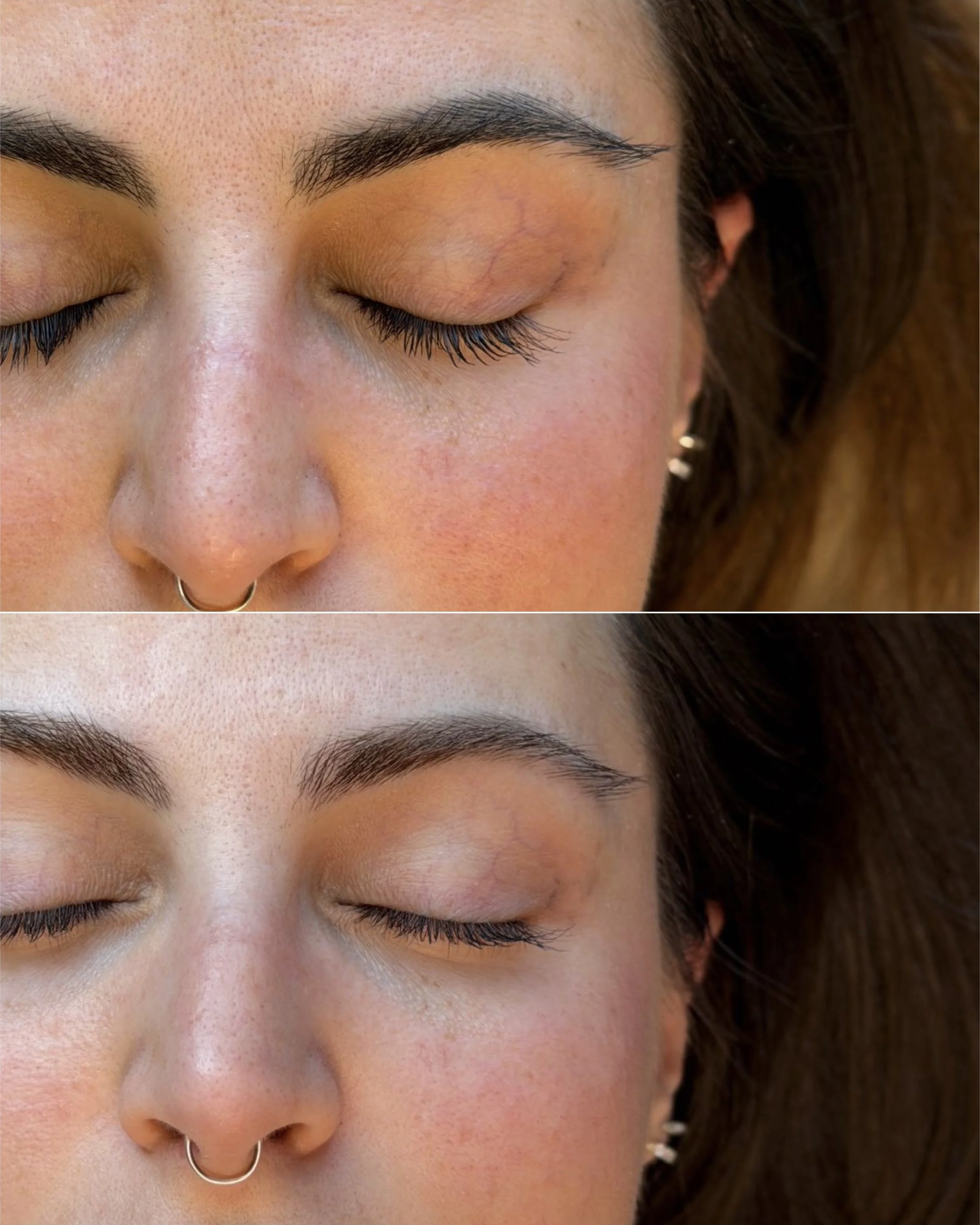Close-up of a woman's face with closed eyes, showing well-groomed eyebrows, long eyelashes, after the brow lightening treatment
