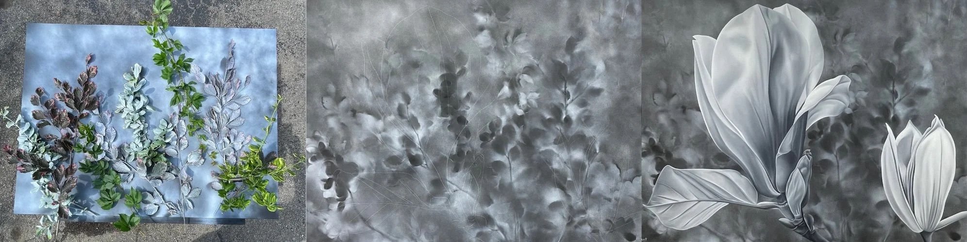 Series of three black and white paintings showing the process of Leah Olsen-Kent Art's technique.