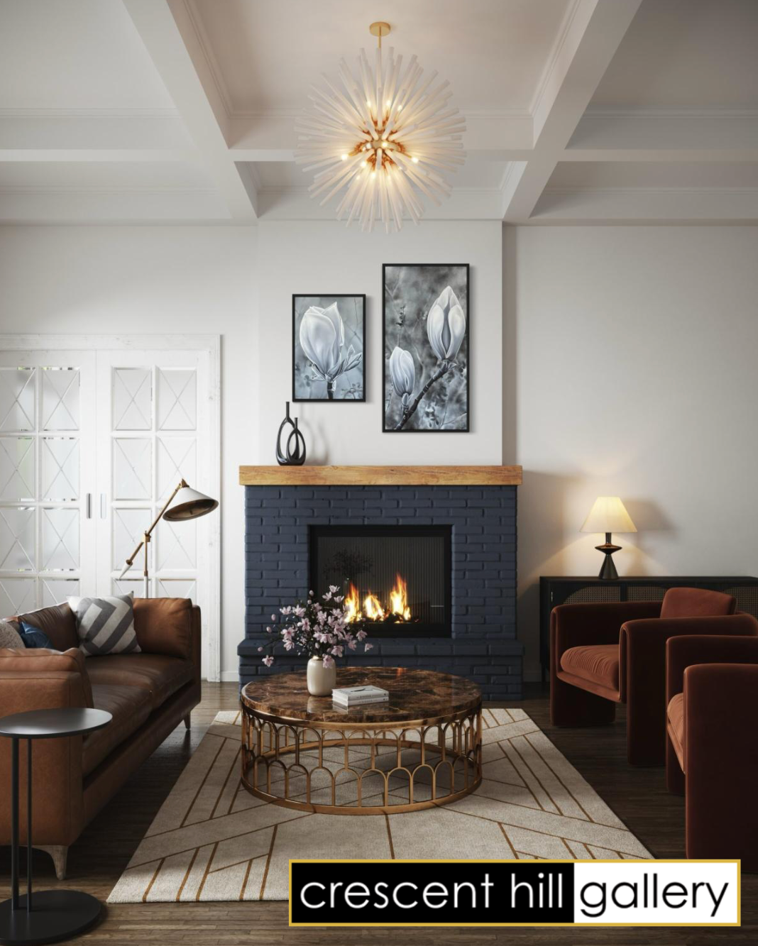 Living room with a black brick fireplace, wooden mantel, and floral wall art. Includes leather and fabric chairs, a patterned rug, coffee table, and lighting fixtures.