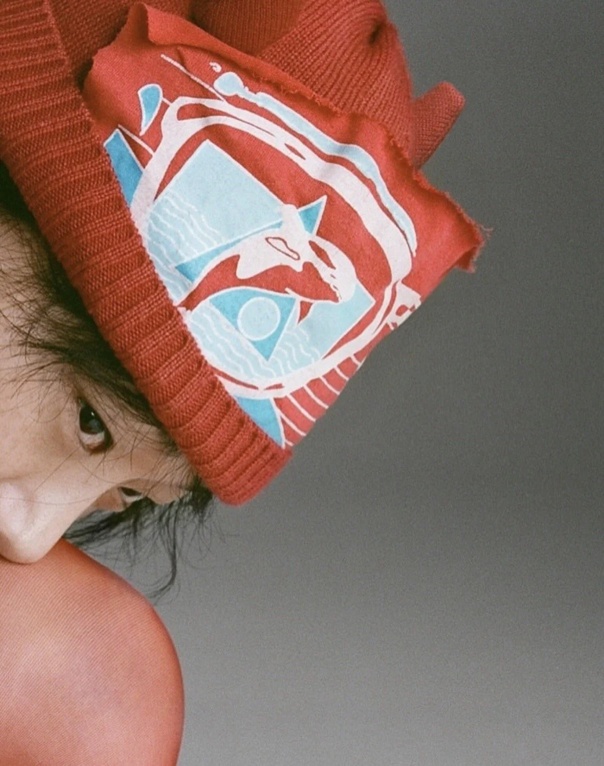 Close-up of a child's face partially visible, wearing a red beanie hat with a graphic design of a fox and geometric shapes in blue and white.