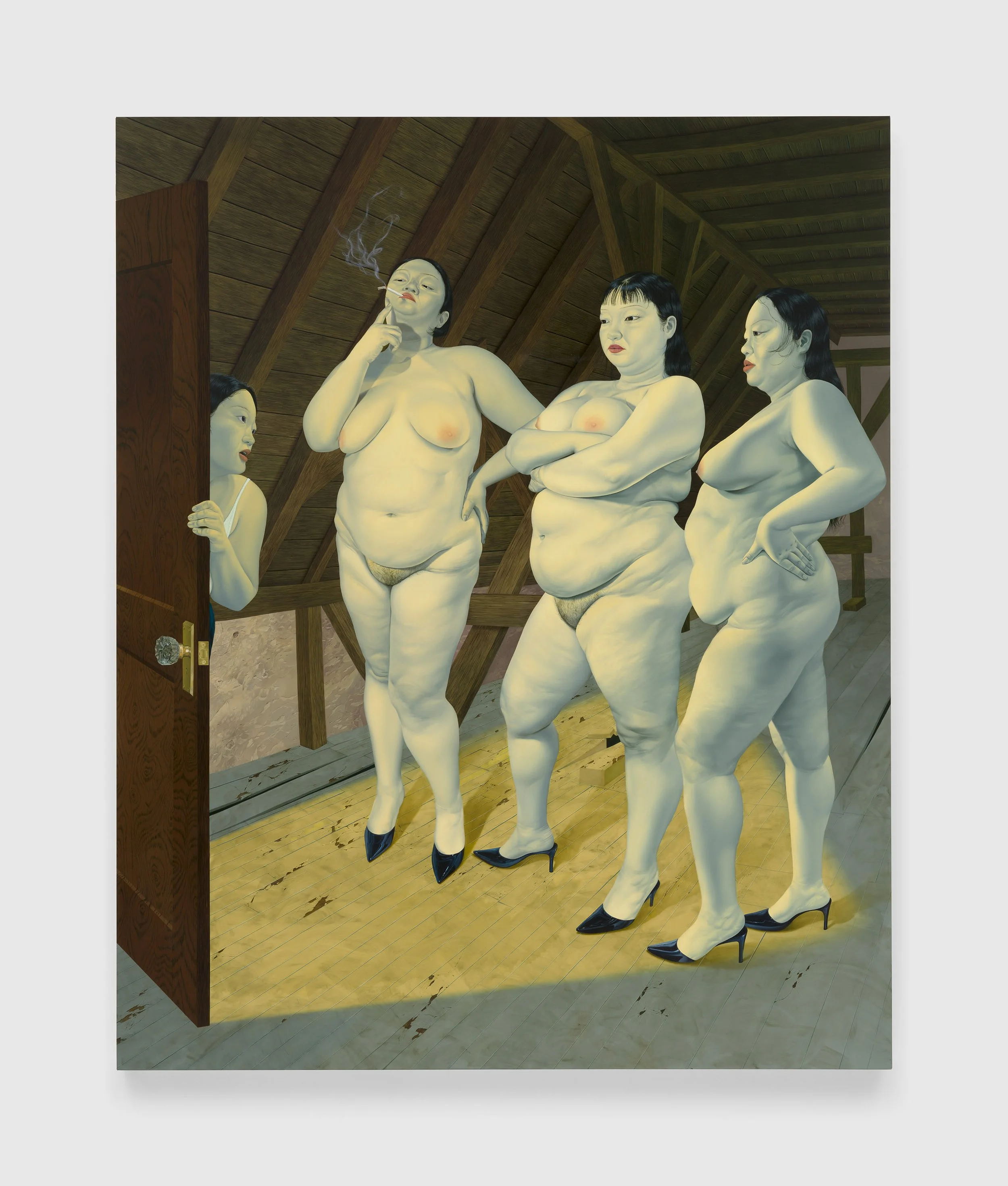'Whores in the Attic'
Oil on linen, 96 1/8 x 78 1/8 inches, 2024.