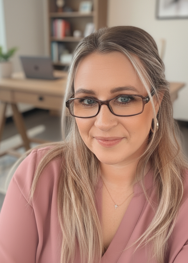 A woman with long blonde hair and glasses, wearing a pink top, smiling and sitting indoors with a background of a wooden desk, a laptop, and bookshelf.