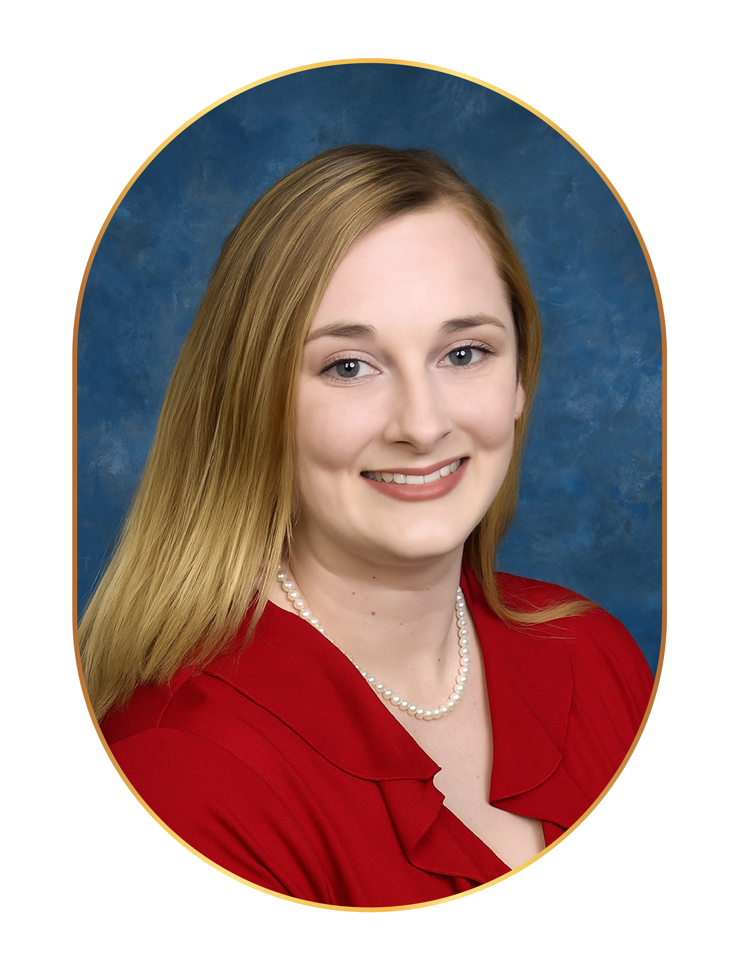A young woman with long blonde hair wearing a red blouse and a pearl necklace, smiling against a blue background.